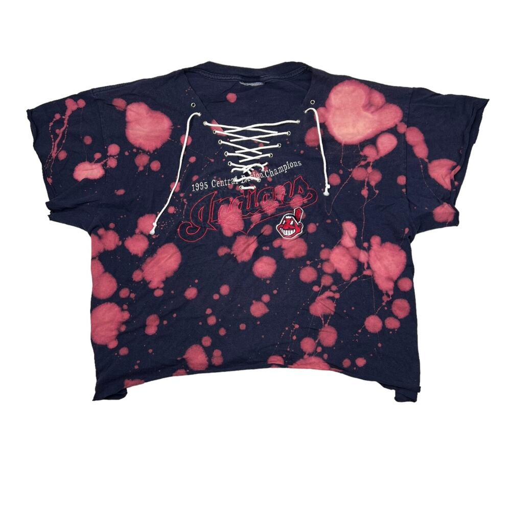 Vintage 1995 MLB Indians Bleach Dye V-Neck Lace Up Crop Top Tee T-Shirt XL